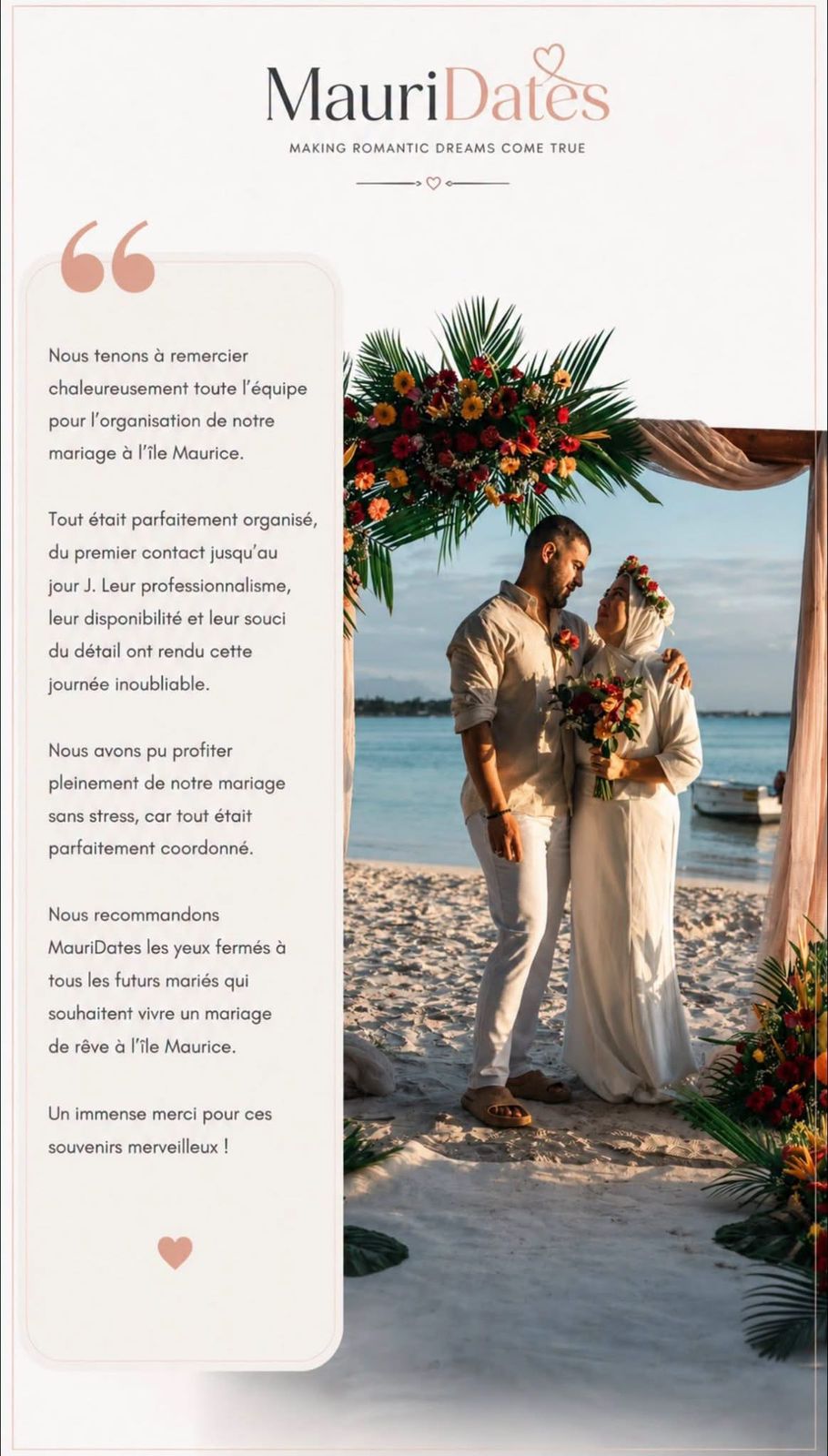 Thank-you note from a couple married on the beach in Mauritius, with a photo of them under the ceremony arch at sunset.